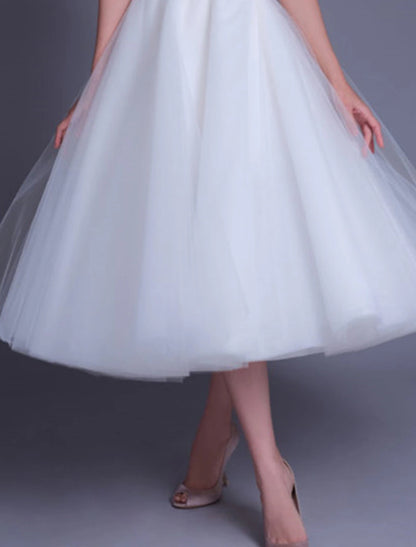 Bridal Shower Little White Dresses Casual Wedding Dresses A-Line Sweetheart Regular Straps Tea Length Lace Bridal Gowns With Sash / Ribbon