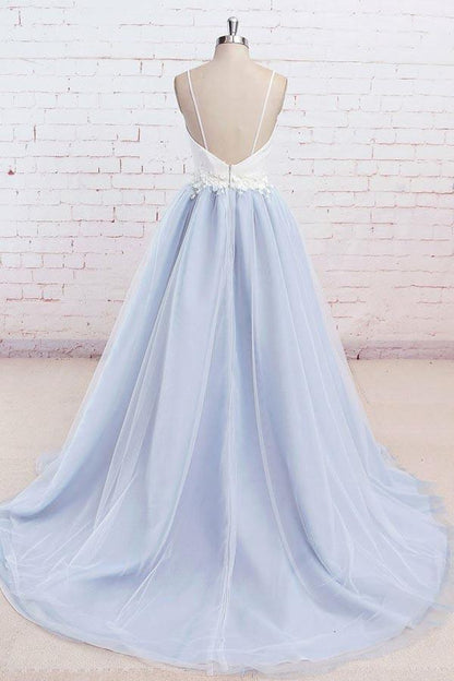Elegant light blue chiffon fine shoulder strap off the shoulder sweep tail off the back ball dress