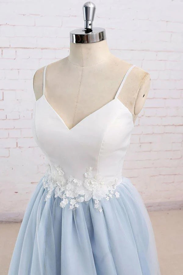 Spaghetti Straps Sweep Train Backless Light Blue Tulle Prom Dress