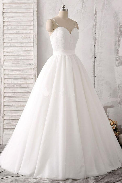 Elegant thin shoulder straps sweet floor mopping white satin and floor length wedding dress