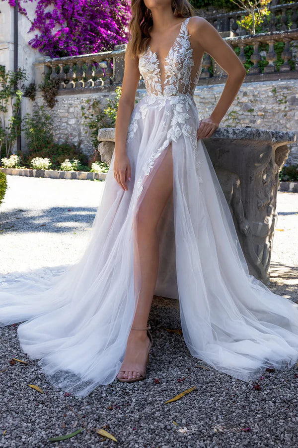 Charming illusion deep V-neck lace decal bohemian style slit wedding dress
