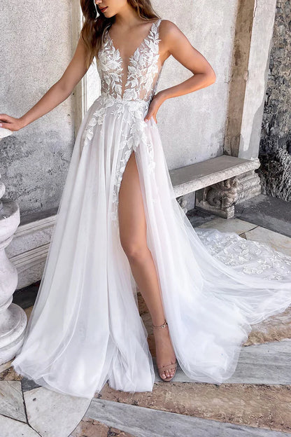 Charming illusion deep V-neck lace decal bohemian style slit wedding dress