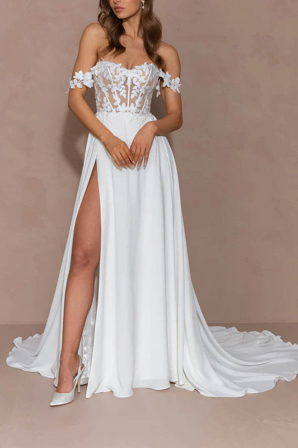 Palace Tail A Line Sweetheart Lace Applique Bohemian Style Wedding Dress