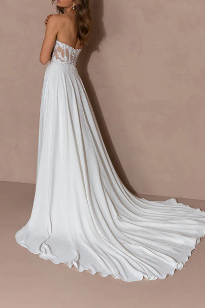 Palace Tail A Line Sweetheart Lace Applique Bohemian Style Wedding Dress
