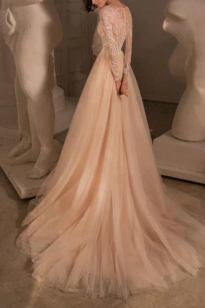 A-line illusion neckline lace embroidery long sleeved bohemian style wedding dress