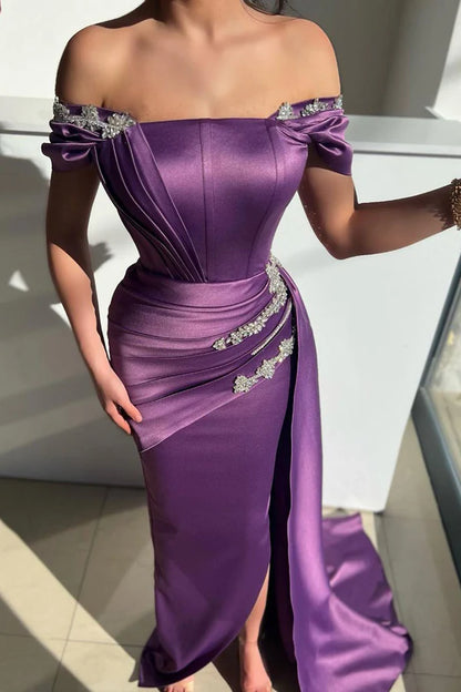Unique off shoulder satin bead mermaid formal dress with slit Prom dress