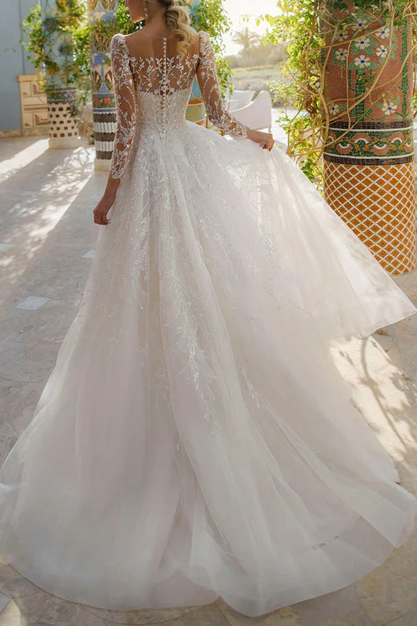 Line illusion neckline long sleeved lace trailing wedding dress – LD Dress