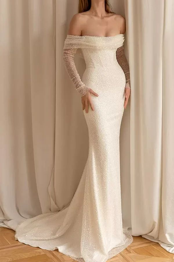 sheath/column off shoulder long sleeves rustic wedding dress
