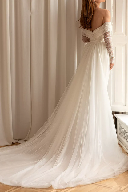 sheath/column off shoulder long sleeves rustic wedding dress