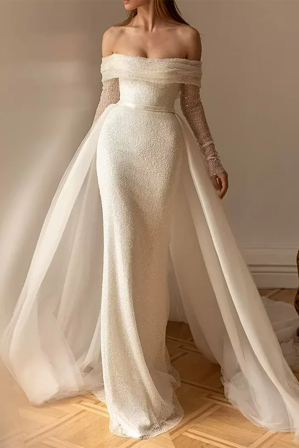 sheath/column off shoulder long sleeves rustic wedding dress