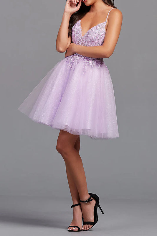 A-line V-neck lace sticker cute short Homecoming dresses