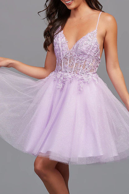 A-line V-neck lace decal cute short Homecoming dress
