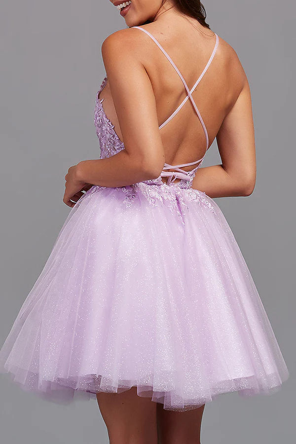 A-line V-neck lace decal cute short Homecoming dress