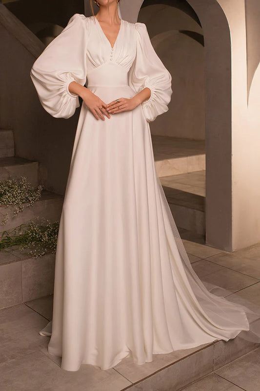 A-neck V-neck long sleeved satin minimalist drag on wedding dress
