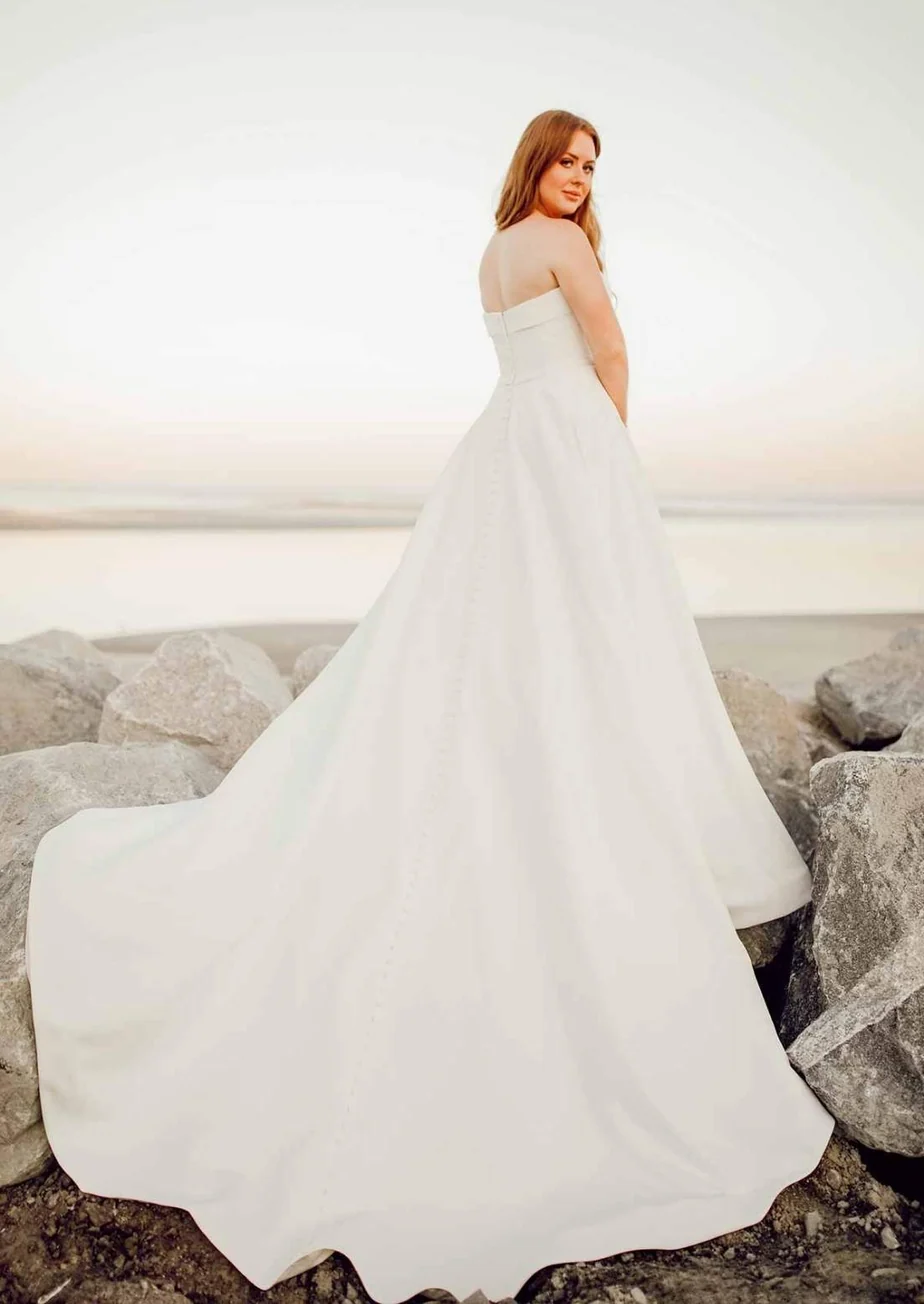 strapless satin a line button back wedding dress
