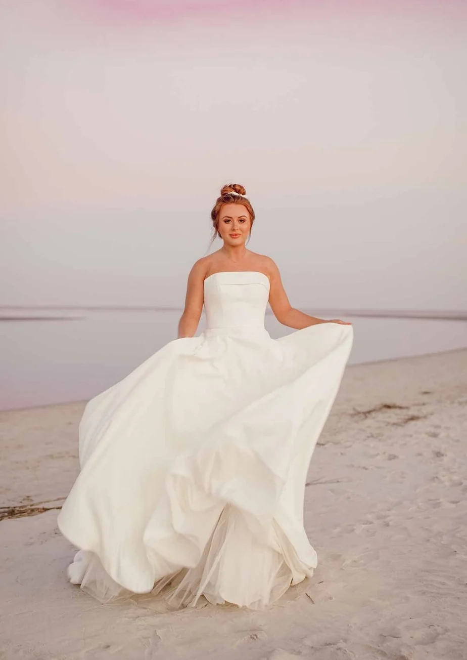 strapless satin a line button back wedding dress