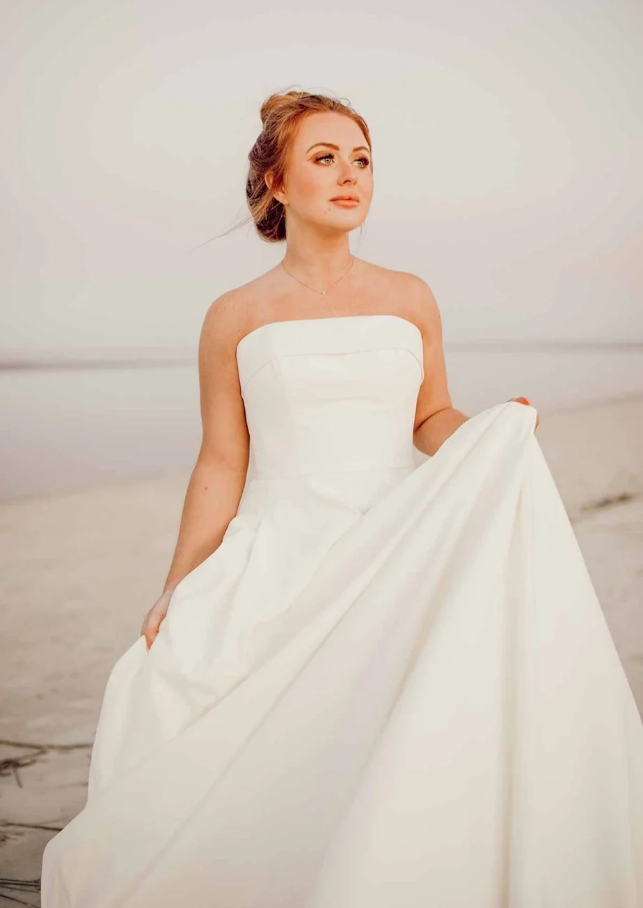 strapless satin a line button back wedding dress