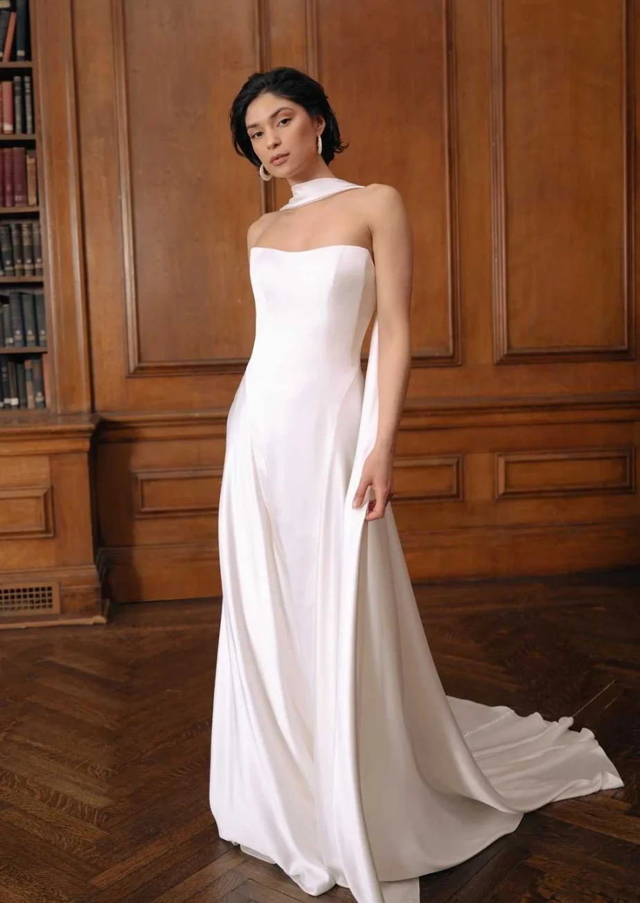 strapless satin halter ribbon a line wedding dress