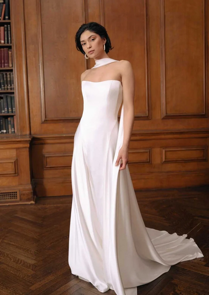 strapless satin halter ribbon a line wedding dress