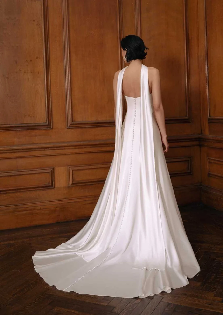 strapless satin halter ribbon a line wedding dress