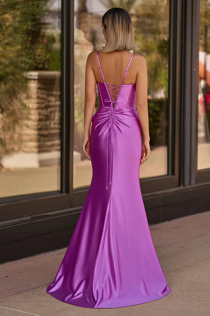 Glamorous Satin Mermaid Trumpet Sweetheart V-Neck Sleeveless Spaghetti Straps Lace-Up Corset Back Ruched Bow Detail High Slit Floor-Length Maxi Formal Prom Dresses