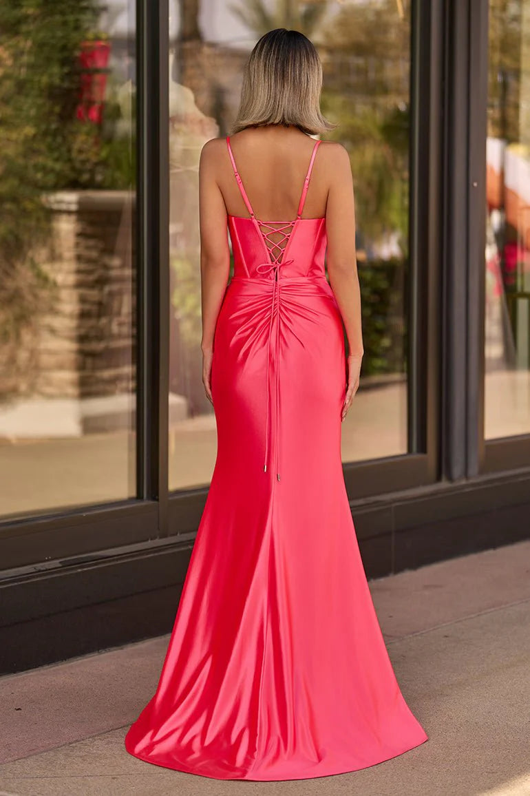 Glamorous Satin Mermaid Trumpet Sweetheart V-Neck Sleeveless Spaghetti Straps Lace-Up Corset Back Ruched Bow Detail High Slit Floor-Length Maxi Formal Prom Dresses