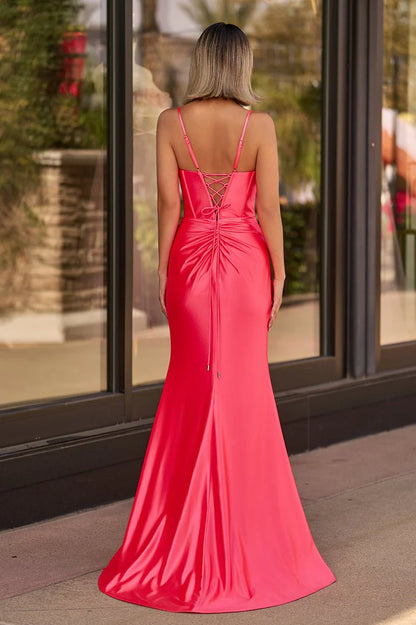 Glamorous Satin Mermaid Trumpet Sweetheart V-Neck Sleeveless Spaghetti Straps Lace-Up Corset Back Ruched Bow Detail High Slit Floor-Length Maxi Formal Prom Dresses