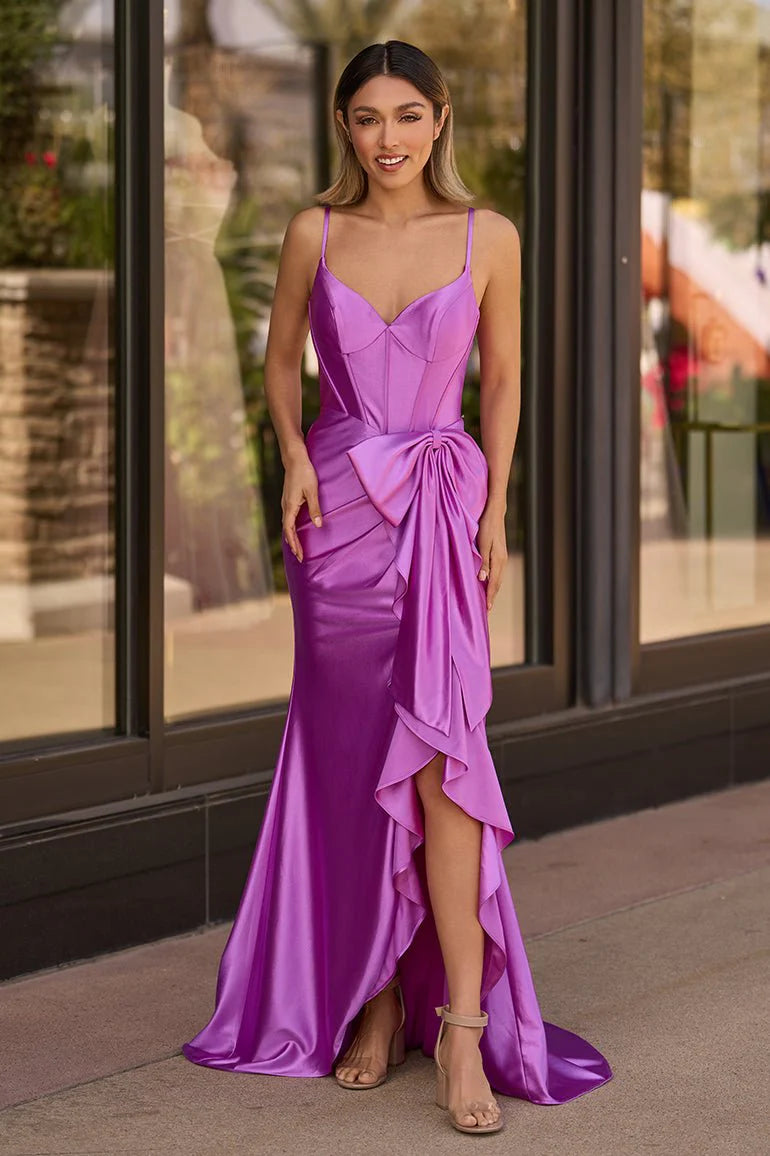 Glamorous Satin Mermaid Trumpet Sweetheart V-Neck Sleeveless Spaghetti Straps Lace-Up Corset Back Ruched Bow Detail High Slit Floor-Length Maxi Formal Prom Dresses