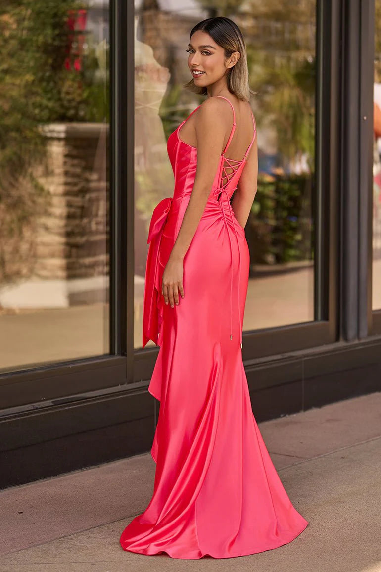 Glamorous Satin Mermaid Trumpet Sweetheart V-Neck Sleeveless Spaghetti Straps Lace-Up Corset Back Ruched Bow Detail High Slit Floor-Length Maxi Formal Prom Dresses