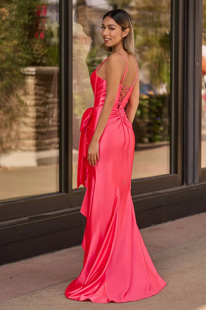 Glamorous Satin Mermaid Trumpet Sweetheart V-Neck Sleeveless Spaghetti Straps Lace-Up Corset Back Ruched Bow Detail High Slit Floor-Length Maxi Formal Prom Dresses