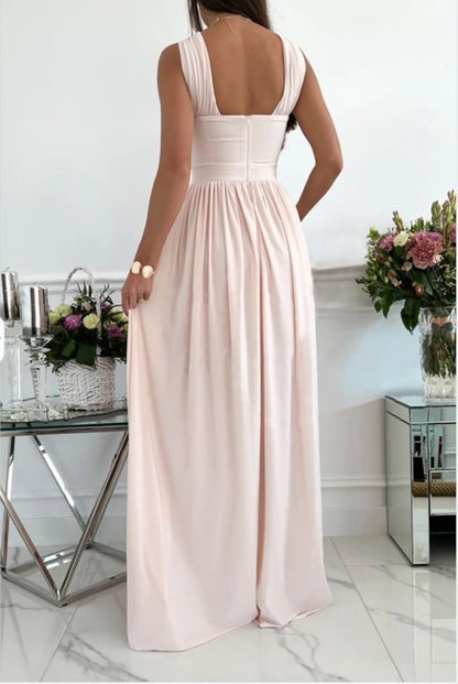 Elegant off shoulder solid color backless side slit A-line dress