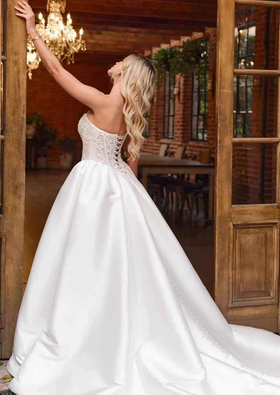 sweetheart lace corset slit satin wedding dress