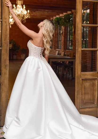 sweetheart lace corset slit satin wedding dress