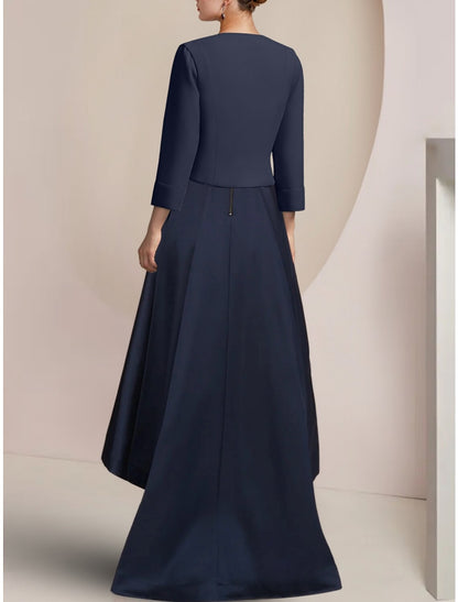 A-Line Mother of the Bride Dress Wedding Guest Elegant V Neck Asymmetrical Floor Length Satin Long Sleeve with Ruching Solid Color