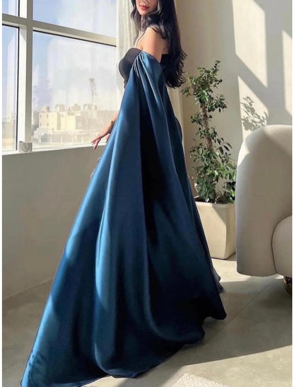 Sheath / Column Evening Gown Elegant Dress Formal Ankle Length Black Dress Long Sleeve Off Shoulder Satin with Pleats Ruched