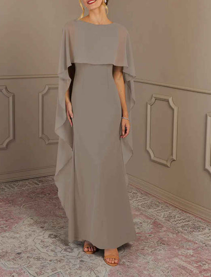 Sheath / Column Mother of the Bride Dress Formal Wedding Guest Elegant Simple Jewel Neck Floor Length Chiffon Sleeveless with Side Draping Solid Color