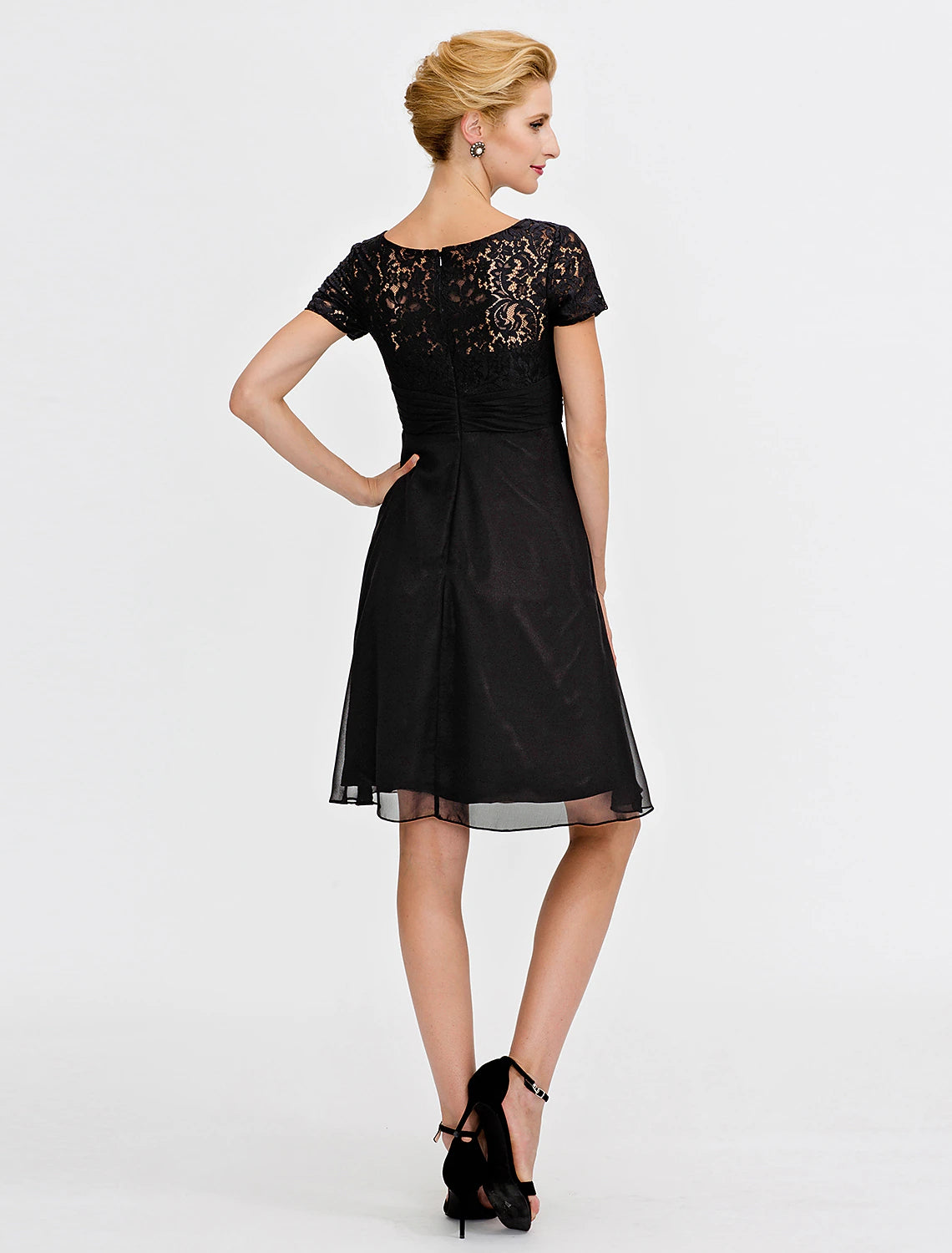 A-Line Mother of the Bride Dress Formal Little Black Dress Convertible Dress Wrap Included Illusion Neck Knee Length Chiffon Satin Lace 3/4 Length Sleeve yes with Sash / Ribbon Pleats