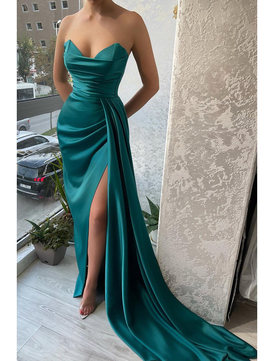 Mermaid Party Dress Evening Gown Sexy Dress Wedding Wedding Reception Court Train Sleeveless Strapless Satin with Ruched Slit
