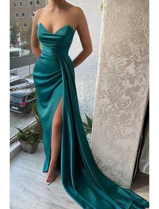 Mermaid Party Dress Evening Gown Sexy Dress Wedding Wedding Reception Court Train Sleeveless Strapless Satin with Ruched Slit