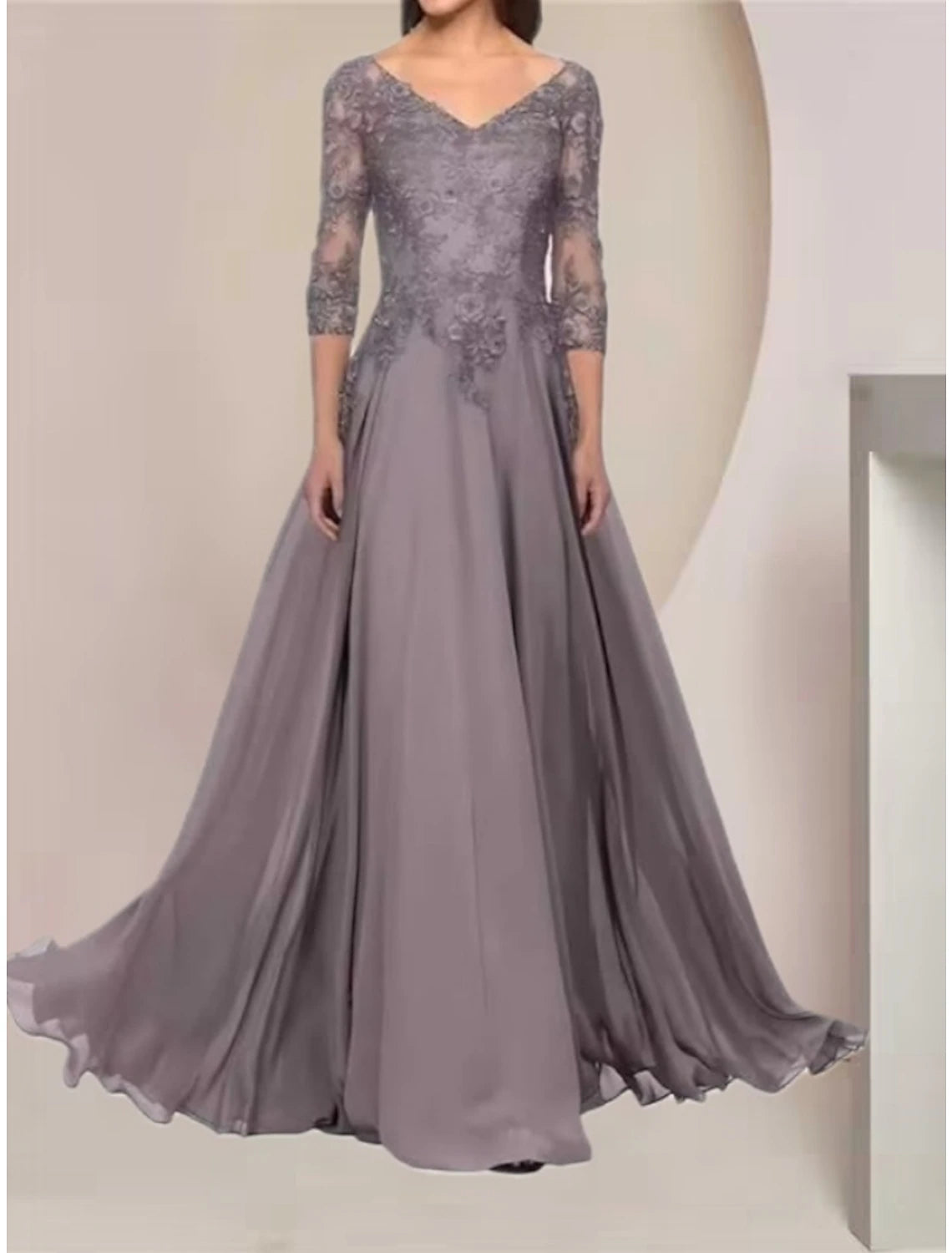 Elegant A-Line V-Neck Half Sleeve Floor Length Mother of the Bride Dress
