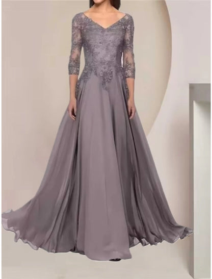 Elegant A-Line V-Neck Half Sleeve Floor Length Mother of the Bride Dress