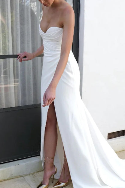 Tight/Column Sweetheart Pleated Bohemian Wedding Dress with Split Ivory Bridal Dress