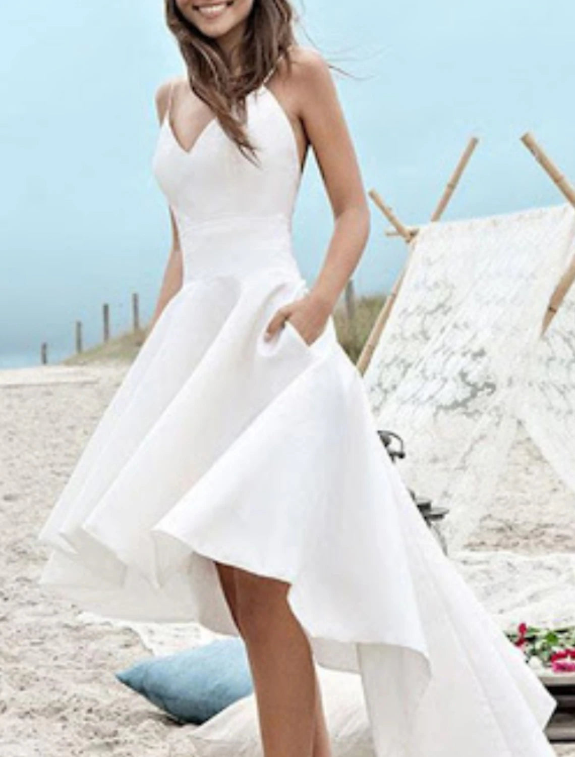 Beach Little White Dresses Wedding Dresses A-Line Camisole V Neck Spaghetti Strap Asymmetrical Satin Bridal Gowns With Pleats