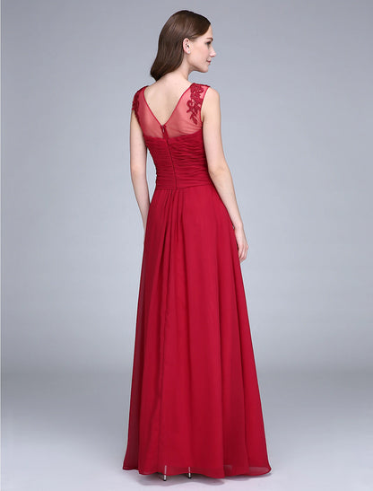 Sheath / Column Scoop Neck Floor Length Chiffon Bridesmaid Dress with Appliques / Lace Insert / Open Back