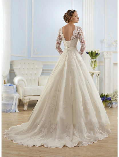 Engagement Formal Fall Wedding Dresses Ball Gown Illusion Neck Long Sleeve Court Train Lace Church Bridal Gowns With Appliques  Summer Wedding Party, Women‘s Clothing