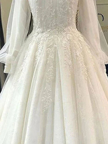 Engagement Vintage 1940s / 1950s Formal Wedding Dresses Court Train Ball Gown Long Sleeve High Neck Lace With Pleats Appliques