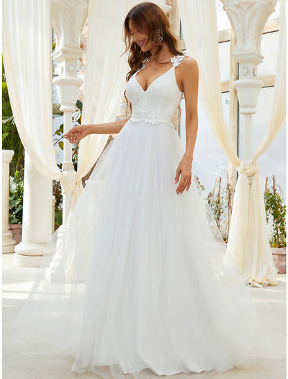 Reception Simple Wedding Dresses A-Line Sweetheart V Wire Regular Straps Sweep / Brush Train Tulle Bridal Gowns With Crystals Appliques