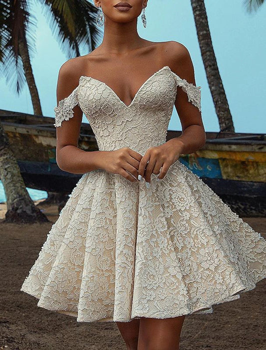 A-Line Cocktail Dresses Elegant Dress Wedding Cocktail Party Short / Mini Short-Sleeve V Neck Fall Wedding Reception Lace with Embroidery