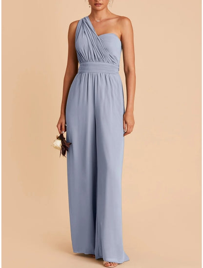 Jumpsuits Bridesmaid Dress Strapless Sleeveless Blue Ankle Length Stretch Chiffon with Bow(s) / Ruching