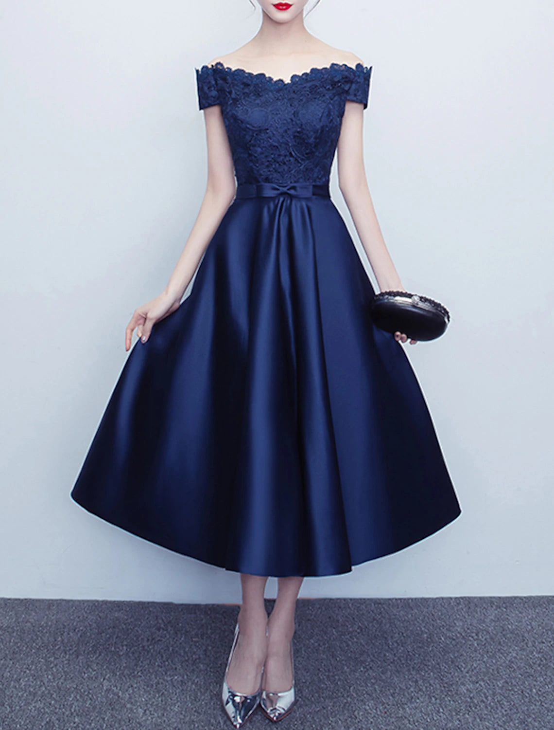 A-Line Cocktail Dresses Elegant Dress Wedding Guest Party Wear Tea Length Short Sleeve Off Shoulder Satin with Sash / Ribbon Bow(s) Pleats